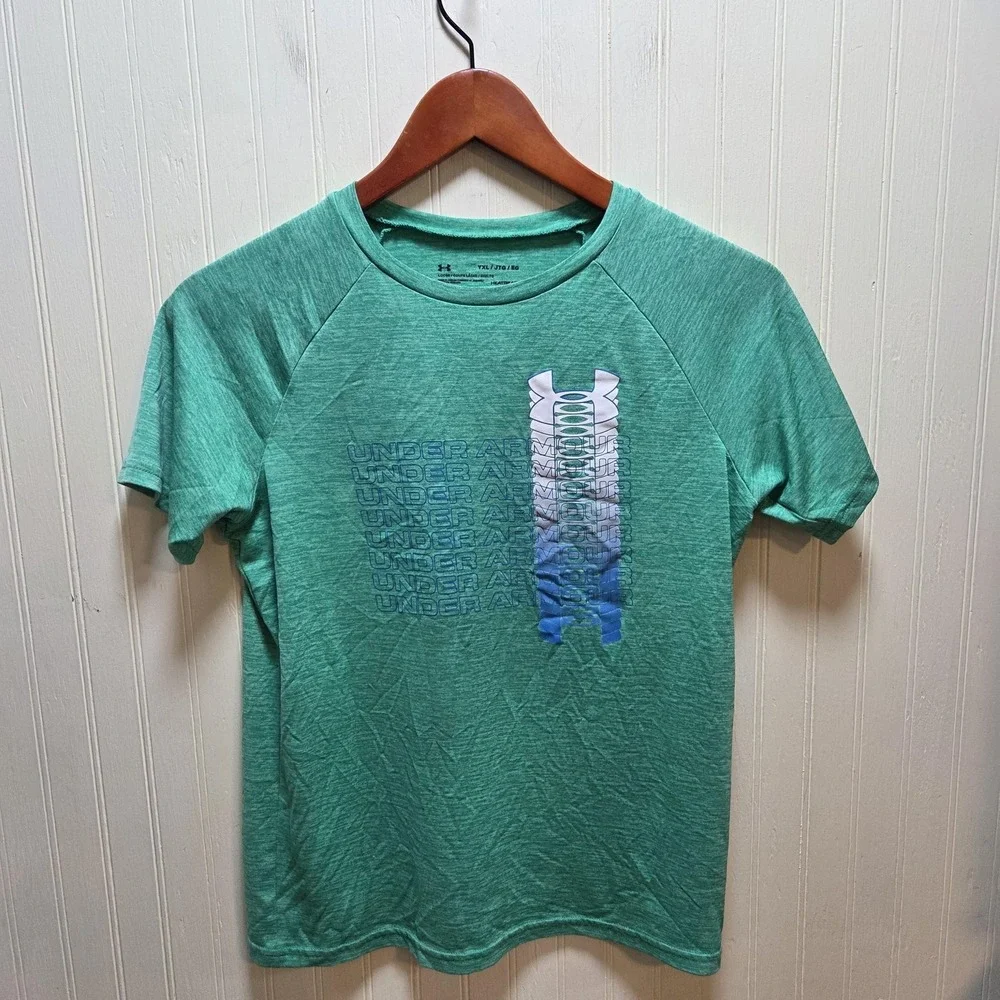 Under Armour Shirt Youth XL Green‎ HeatGear Loose Fit Graphic Short Sleeve Gym